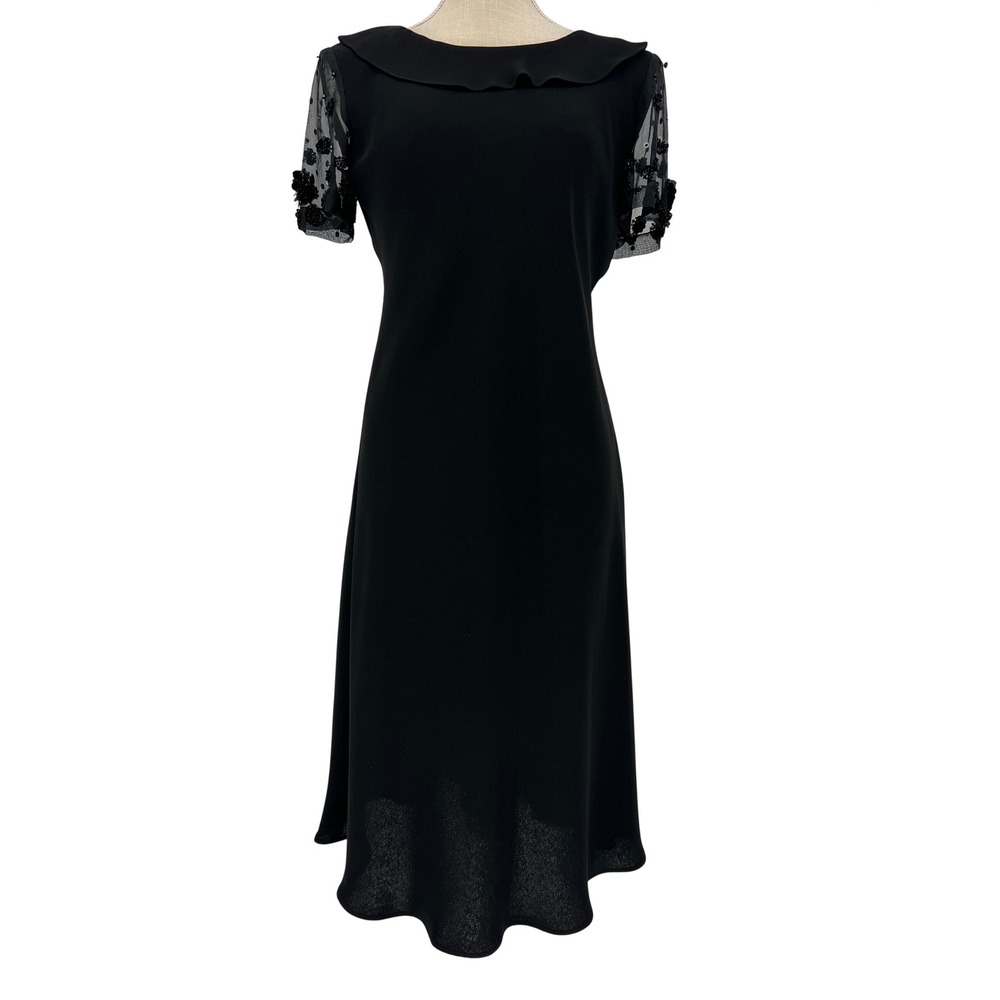 Vintage Donna Morgan Black Midi Dress Whimsigoth Gothic Beaded Silk Sleeve 6